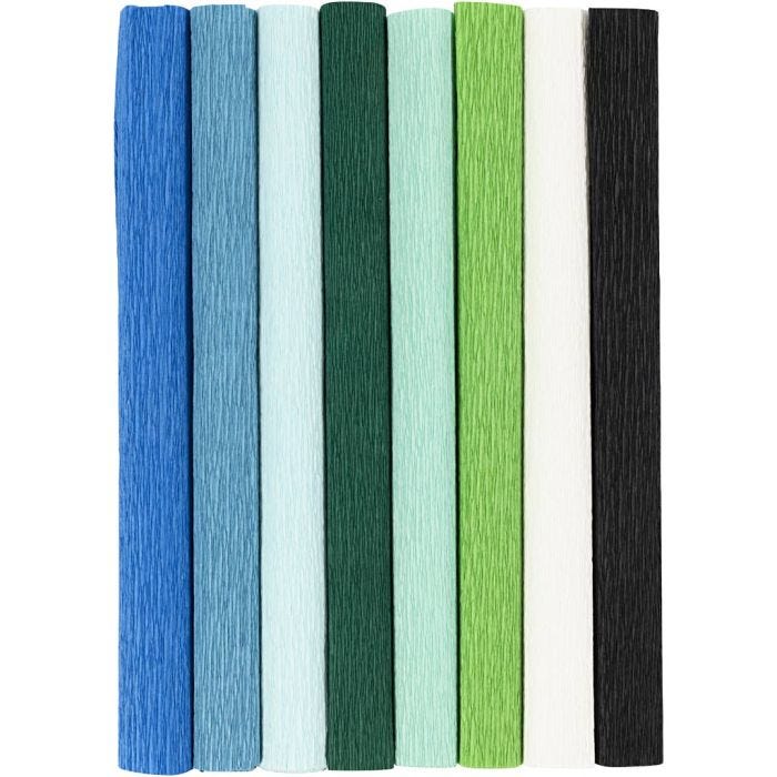 Kräppapper, ark 25x60 cm, Stretchbarhet: 180%, 105 g, blå/grön harmoni, 8 ark/ 1 förp.