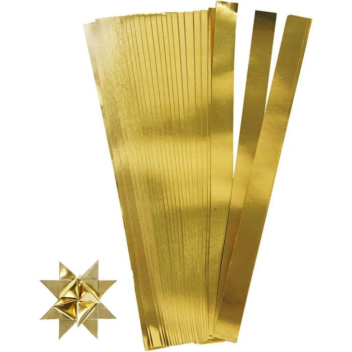 Stjärnstrimlor, L: 45 cm, B: 15 mm, Dia. 6,5 cm, guld, 100 strimlor/ 1 förp.