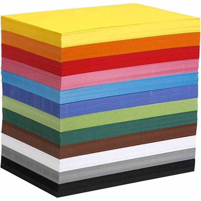 Creativ kartong, A4, ark 210x297 mm, 180 g, mixade färger, 1200 mix. ark/ 1 förp.