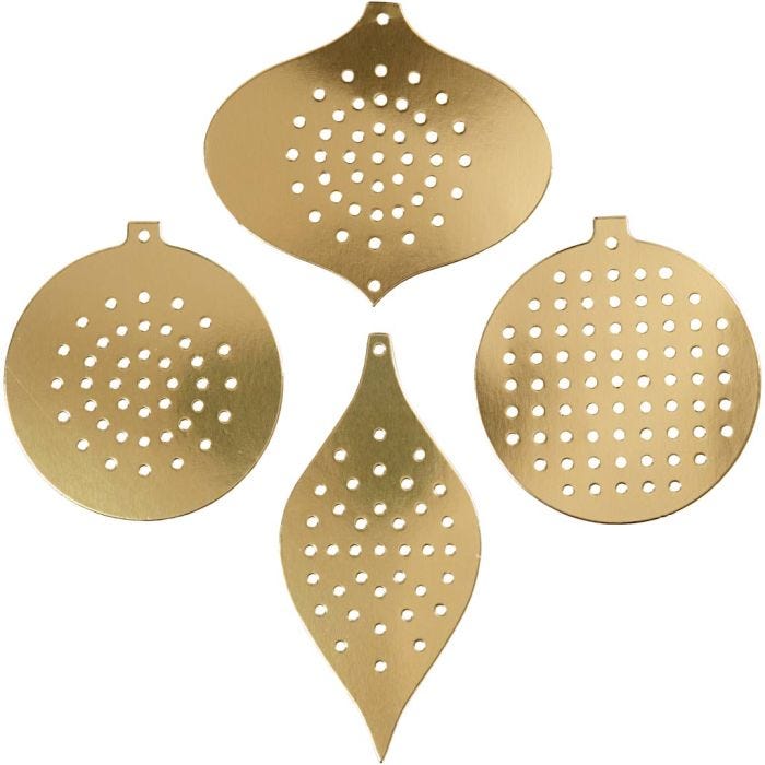 Sykartong, julornament, H: 8,5-12 cm, Hålstl. 3 mm, metallicguld, 8 st./ 1 förp.