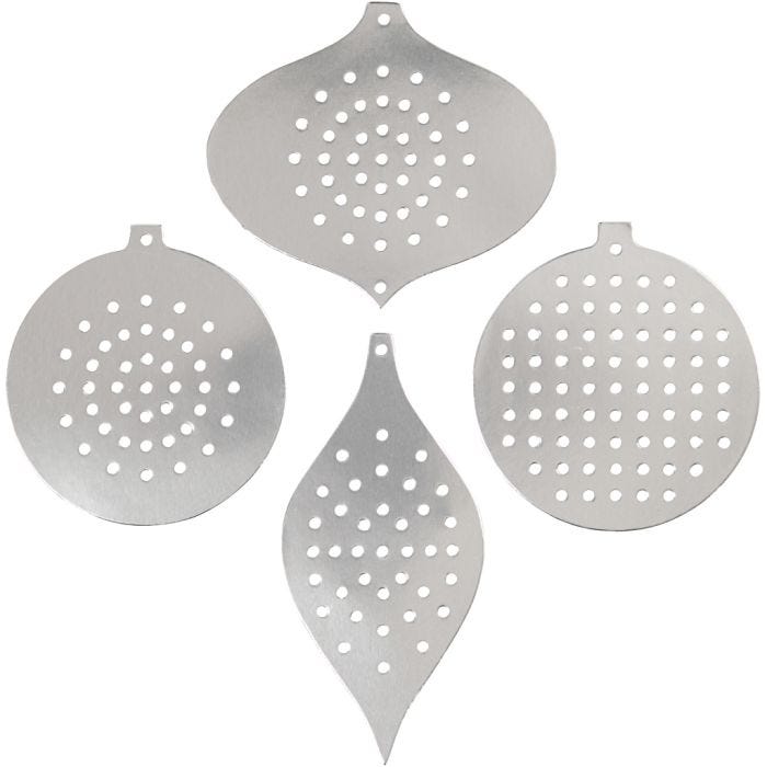 Sykartong, julornament, H: 8,5-12 cm, Hålstl. 3 mm, metallicsilver, 8 st./ 1 förp.