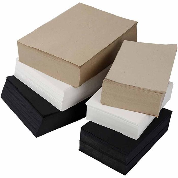 Kraftpapper, A3,A4, 100+135 g, svart, grå, ädel, vit