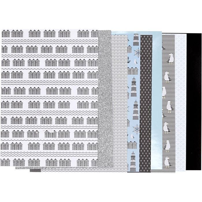 Designpapper i block, stl. 21x30 cm, 120+128 g, svart, blå, grå, vit, 24 ark/ 1 förp.