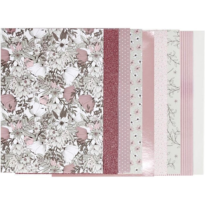 Designpapper i block, stl. 21x30 cm, 120+128 g, beige, brun, rosa, vit, 24 ark/ 1 förp.