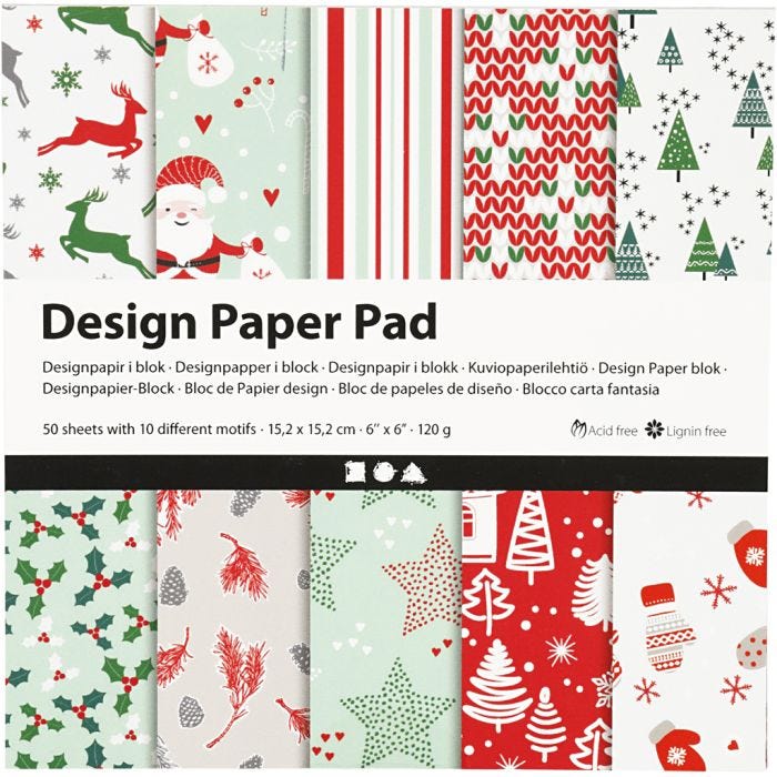 Designpapper, ark 15,2x15,2 cm, 120 g, grön, röd, vit, 50 ark/ 1 förp.