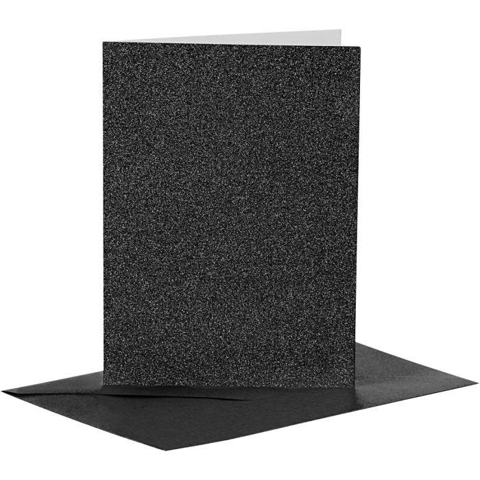 Kort och kuvert, kortstl. 10,5x15 cm, kuvertstl. 11,5x16,5 cm, glitter, 110+250 g, svart, 4 set/ 1 förp.