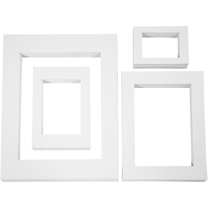 Passepartoutramar, A3,A4,A5,A6, stl. 13,4x18,9+19,7x27,9+28,3x36,6+39,5x49,6 cm, 500 g, vit, 4x100 st./ 1 förp.