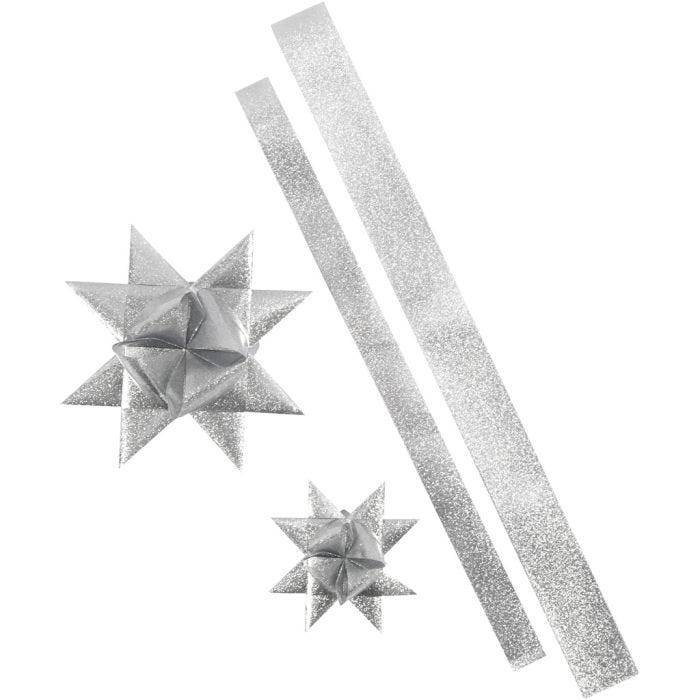 Stjärnstrimlor, L: 86+100 cm, B: 25+40 mm, Dia. 11,5+18,5 cm, silverglitter, 16 strimlor/ 1 förp.