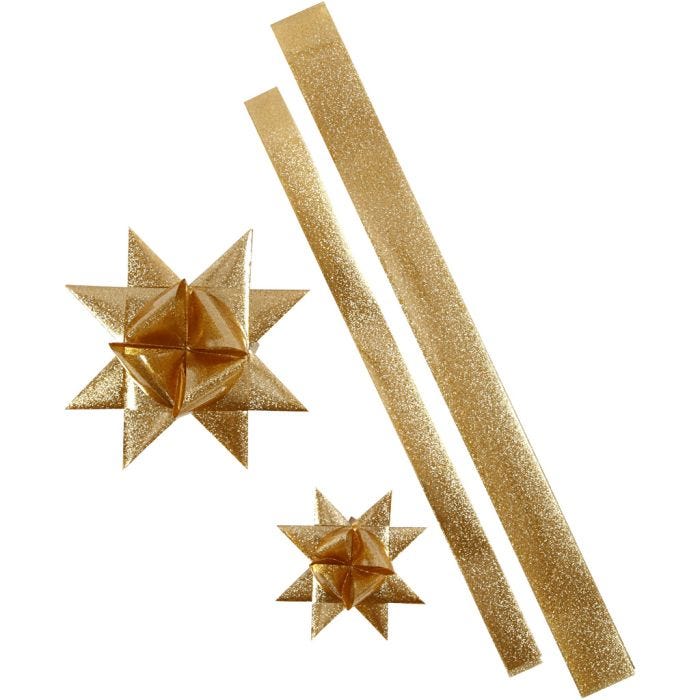 Stjärnstrimlor, L: 86+100 cm, B: 25+40 mm, Dia. 11,5+18,5 cm, guld, 16 strimlor/ 1 förp.