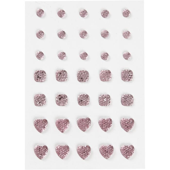 Rhinestones, (rund, fyrkant, hjärta), stl. 6+8+10 mm, rosa, 35 st./ 1 förp.