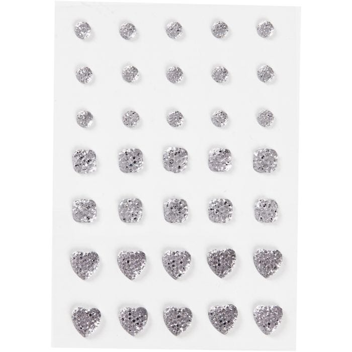 Rhinestones, (rund, fyrkant, hjärta), stl. 6+8+10 mm, silver, 35 st./ 1 förp.