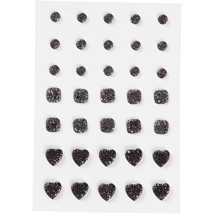 Rhinestones, (rund, fyrkant, hjärta), stl. 6+8+10 mm, svart, 35 st./ 1 förp.