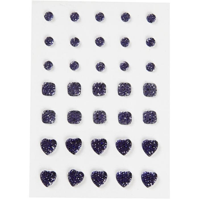 Rhinestones, (rund, fyrkant, hjärta), stl. 6+8+10 mm, blå, 35 st./ 1 förp.