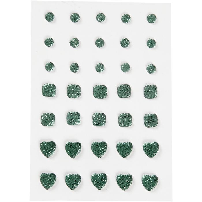 Rhinestones, (rund, fyrkant, hjärta), stl. 6+8+10 mm, grön, 35 st./ 1 förp.