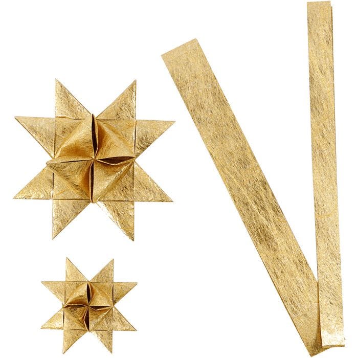 Stjärnstrimlor, L: 44+78 cm, B: 15+25 mm, Dia. 6,5+11,5 cm, guld, 32 strimlor/ 1 förp.