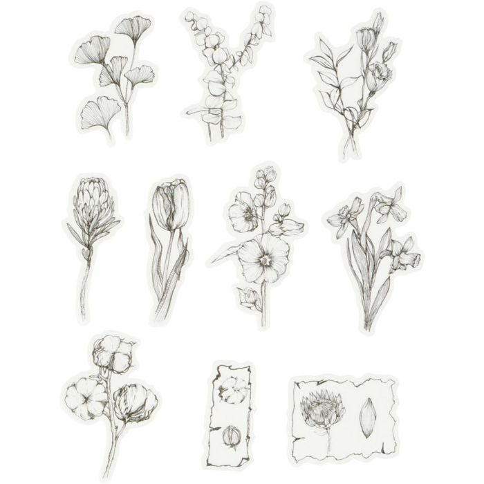 Washi stickers, svart/vita blommor, stl. 30-50 mm, 30 st./ 1 förp.