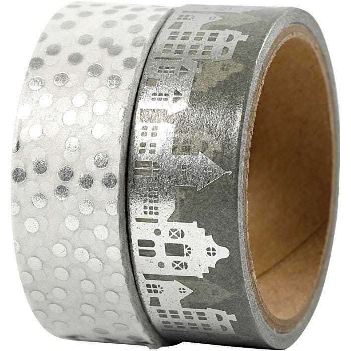 Washitejp, hus och prickar - folie, B: 15 mm, silver, 2x4m/ 1 förp.