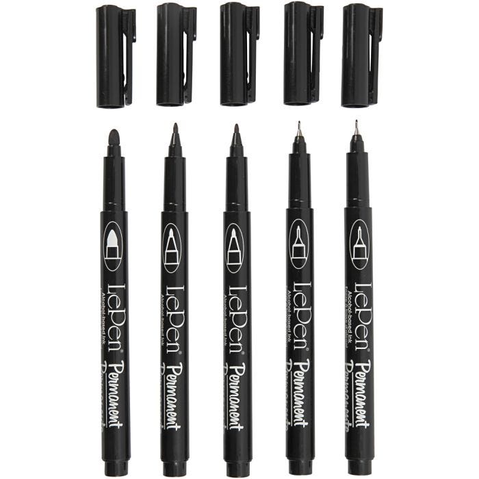 Permanenta tuschpennor, spets 2x0,6+2x0,8+1,3 mm, svart, 5 st./ 1 förp.