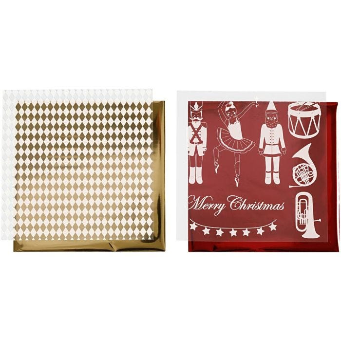 Dekorationsfolie och limark med motiv, nötknäppare, jultomte och ballerina, ark 15x15 cm, guld, röd, vit, 4 ark/ 1 förp.