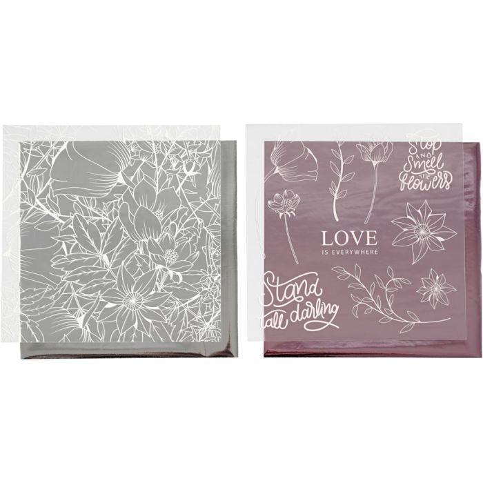 Dekorationsfolie och limark med motiv, blommor, 15x15 cm, rosa, silver, 4ark/ 1 förp.