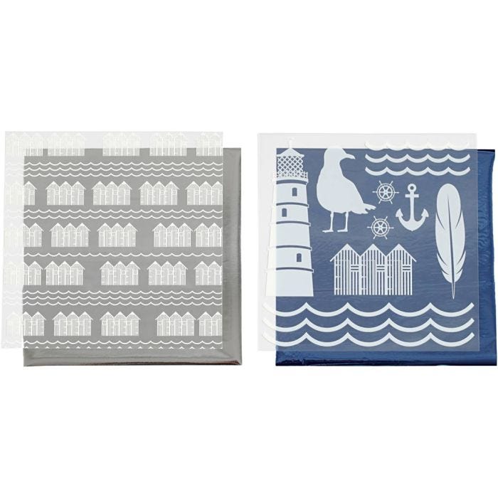 Dekorationsfolie och limark med motiv, fyrtorn, 15x15 cm, blå, silver, 2 ark/ 1 förp.