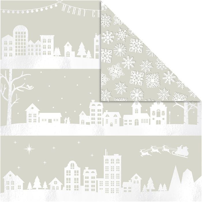Designpapper, hus och snöflingor, ark 30,5x30,5 cm, 180 g, 3 ark/ 1 förp.