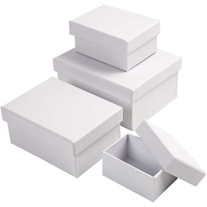 Rektangulära Askar, H: 3,5+4,5+5,5+6,5 cm, stl. 8,5x11,5+11x14 cm, vit, 4 st./ 1 set