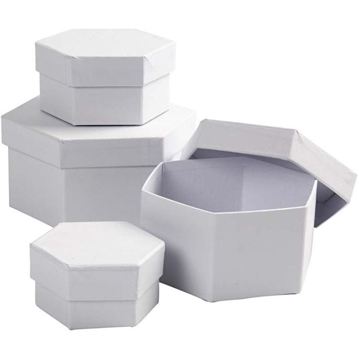 Sexkantiga Askar, H: 4+5+6+7 cm, Dia. 6,5+8+10+12 cm, vit, 4st./ 1 set