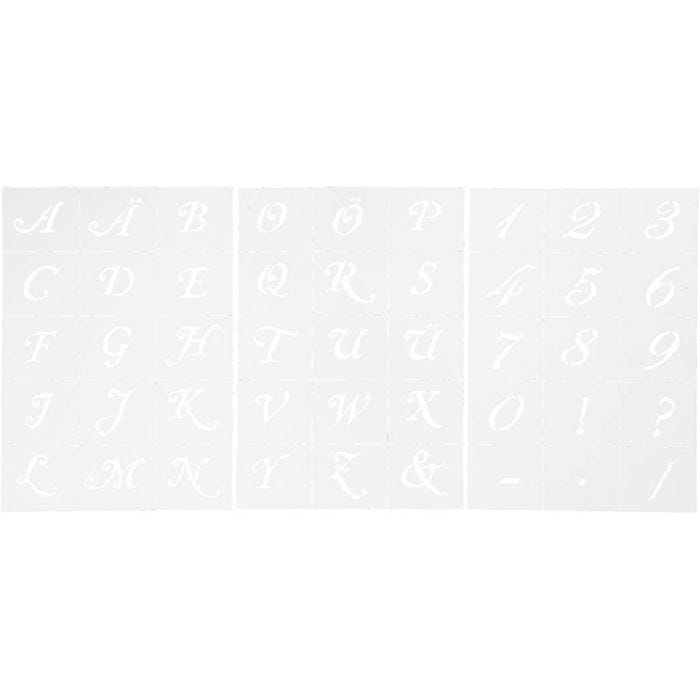 Schabloner, bokstäver och siffror, H: 20-30 mm, A5, ark 148x210 mm, 3 ark/ 1 förp.