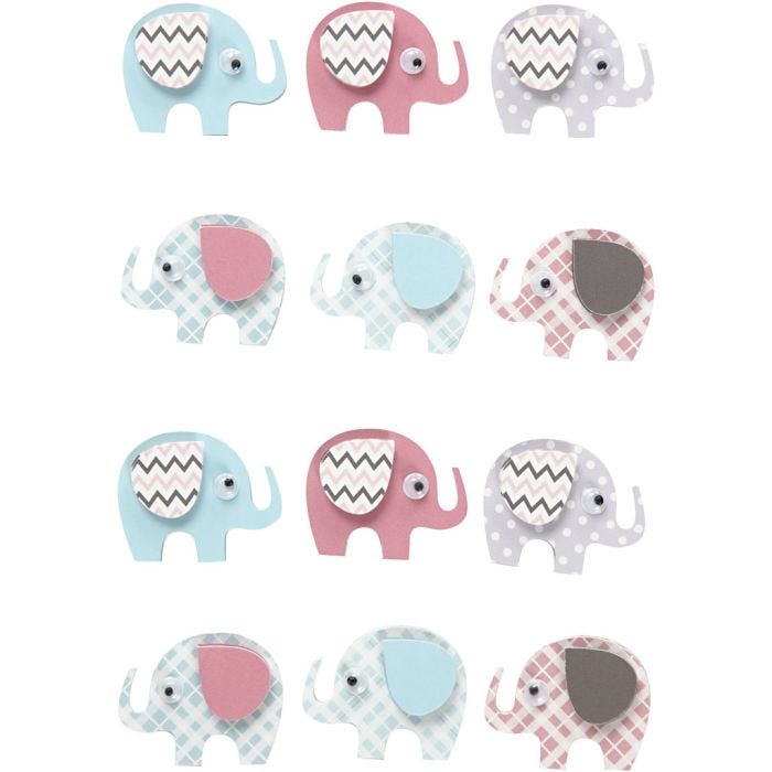 3D Stickers, elefanter, H: 25 mm, B: 31 mm, 12st./ 1 förp.