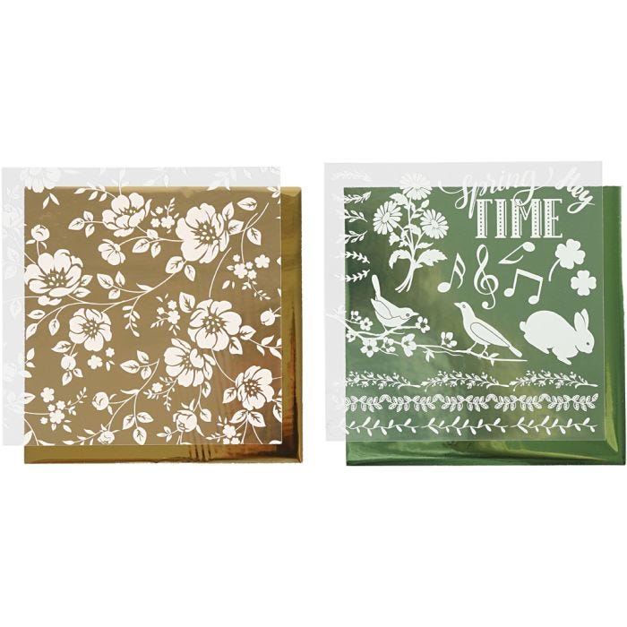 Dekorationsfolie och limark med motiv, blommor, ark 15x15 cm, guld, grön, 2x2 ark/ 1 förp.