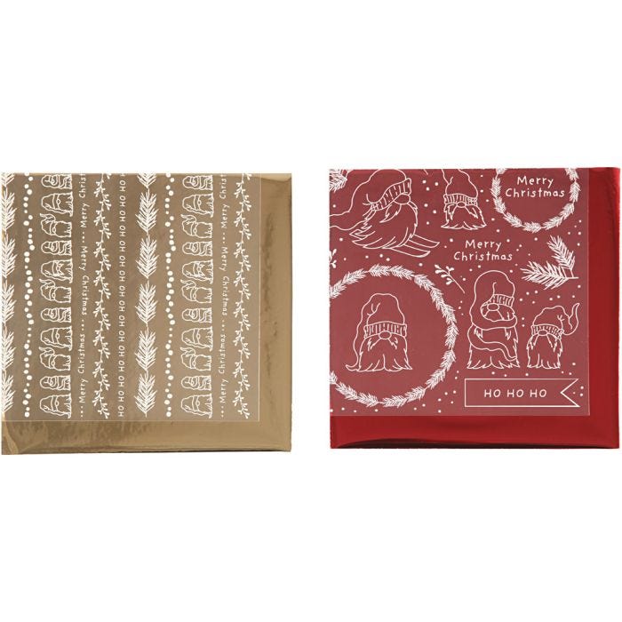 Dekorationsfolie och limark med motiv, Traditionell jul, ark 15x15 cm, guld, röd, 2x2 ark/ 1 förp.