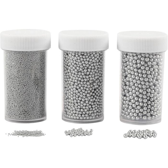 Miniglaskulor, stl. 0,6-0,8+1,5-2+3 mm, silver, 3x45 g/ 1 förp.