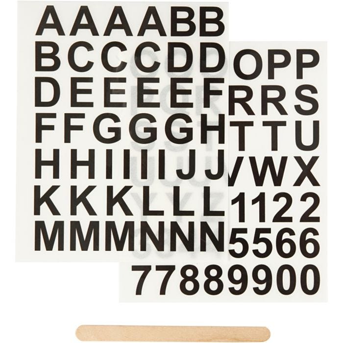 Rub-on stickers, bokstäver och siffror, H: 17 mm, B: 17 mm, ark 12,2x15,3 cm, svart, 1 förp.