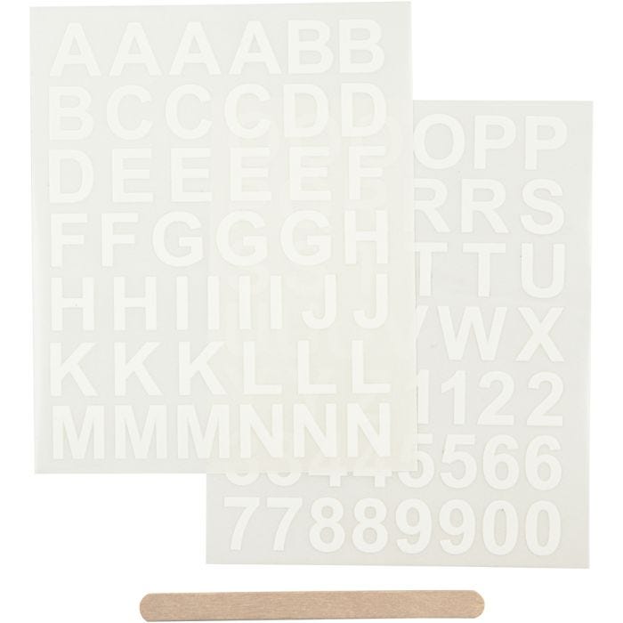 Rub-on Stickers, bokstäver och siffror, H: 17 mm, B: 17 mm, ark 12,2x15,3 cm, vit, 1 förp.
