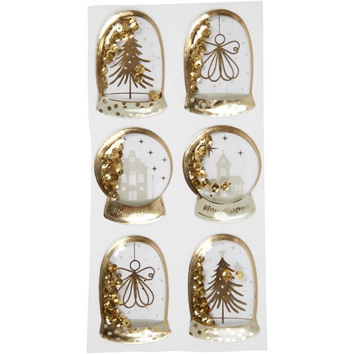 Shaker stickers, ängel, trä och hus, stl. 49x32+45x36 mm, guld, 6st./ 1 förp.