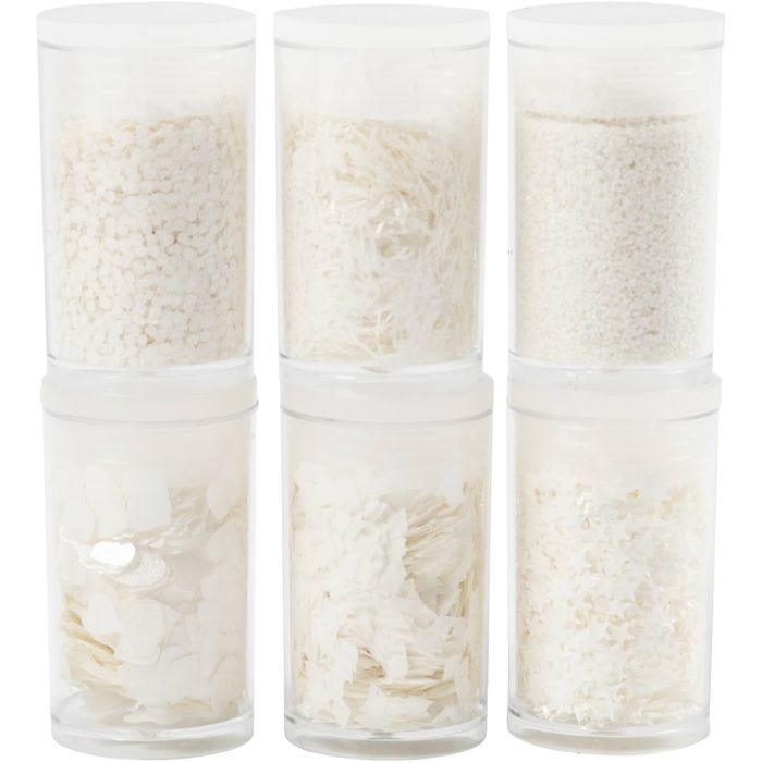 Biologiskt nedbrytbart glimmer och biologiskt nedbrytbara paljetter, silver, vit, 6x7 ml/ 1 förp.