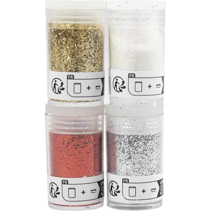 Glitter och Paljetter, guld, röd, silver, vit, 4x5 g/ 1 förp.