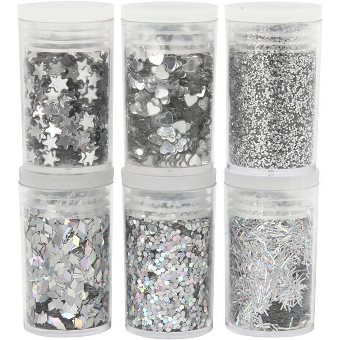 Biologiskt nedbrytbart glimmer och biologiskt nedbrytbara paljetter, silver, 6x7ml/ 1 förp.