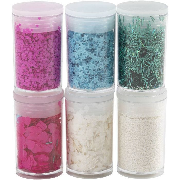 Biologiskt nedbrytbart glimmer och biologiskt nedbrytbara paljetter, pastellfärger, 6x7 ml/ 1 förp.