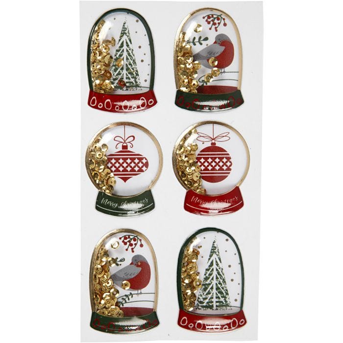Shaker stickers, fåglar, trä och julkulor, stl. 49x32+45x36 mm, guld, 6st./ 1 förp.