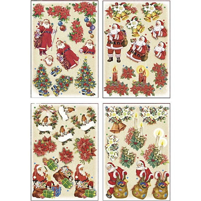 3D Motiv, jultomte och julstjärnor, ark 21x30 cm, 4 ark/ 1 förp.