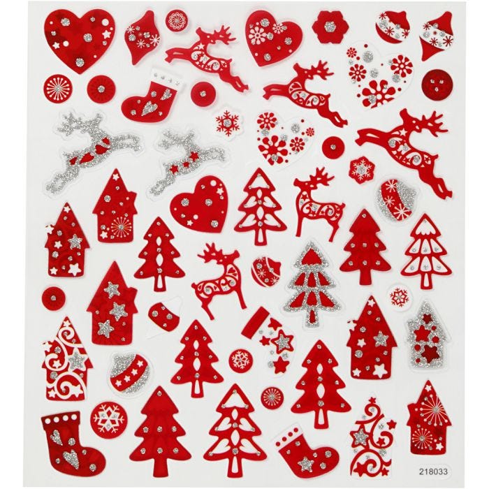 Klistermärken, röd/vit jul, ark 15x16,5 cm, 1 ark