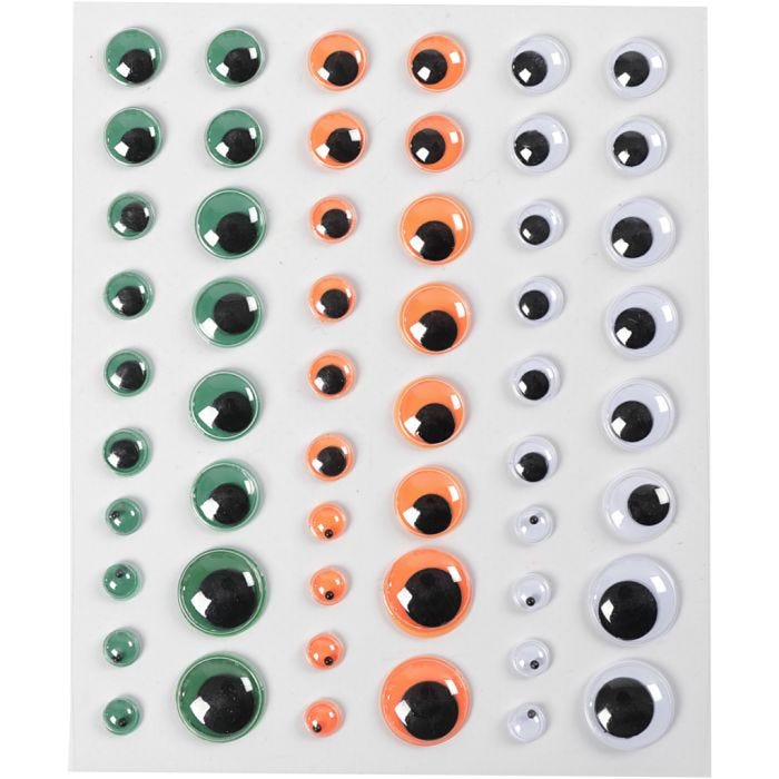 Rullögon, självhäftande, Dia. 6+8+10+12+15 mm, grön, orange, vit, 1 ark, 54 st.