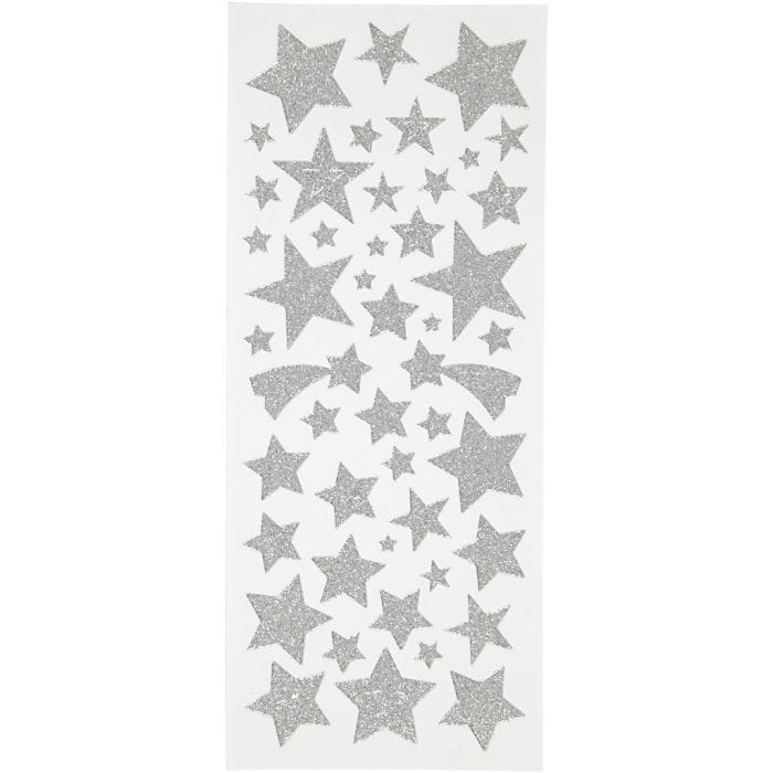 Glitterstickers, stjärnor, 10x24 cm, silver, 2ark/ 1 förp.