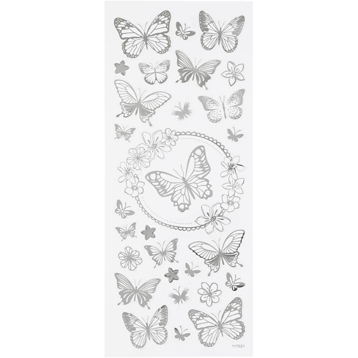 Stickers, fjäril, ark 10x24 cm, silver, 1 ark