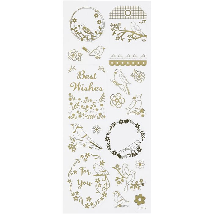 Stickers, fåglar, ark 10x24 cm, guld, 1 ark