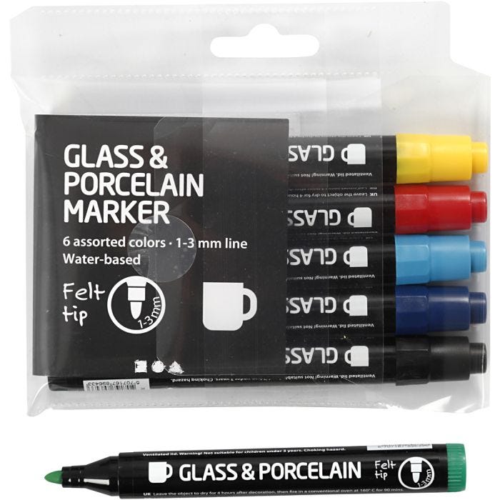 Tuschpennor för Glas och Porslin, spets 1-3 mm, semi opaque, 6st./ 1 förp.