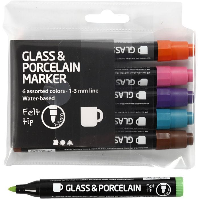 Tuschpennor för Glas och Porslin, spets 1-3 mm, semi opaque, kompletterande färger, 6st./ 1 förp.