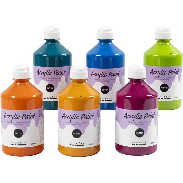 Glitterakrylfärg, mixade färger, 6x500 ml/ 1 förp.
